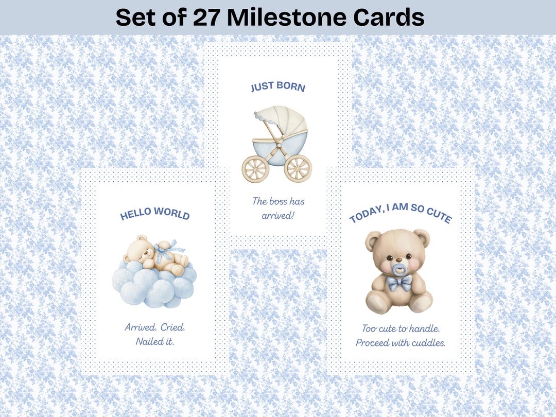 Teddy Bear Milestone Cards | Baby Boy Soft Blue Nursery Cards | 27 Card ...