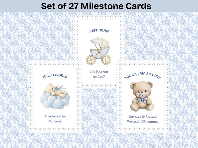 Teddy Bear Milestone Cards | Baby Boy Soft Blue Nursery Cards | 27 Card ...