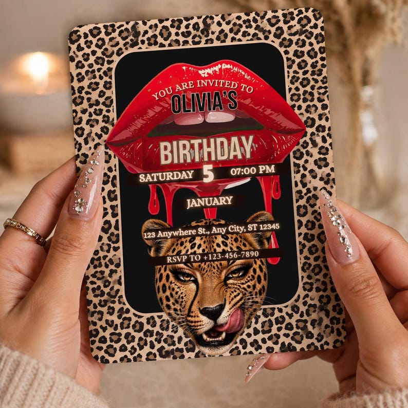 Editable Leopard Birthday Invitation Template | Red Lips Baddie Party ...