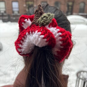 May include: A red and white crocheted apple hair accessory with a brown stem and green leaf. The handmade hair tie is worn in a ponytail. The accessory is a unique, handcrafted item.