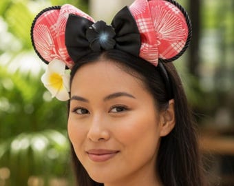 Hawaiian Mickey Ears Palaka flower prints.  There are 2 for sale, One peach and one dark blue. Lightweight and other colors available.