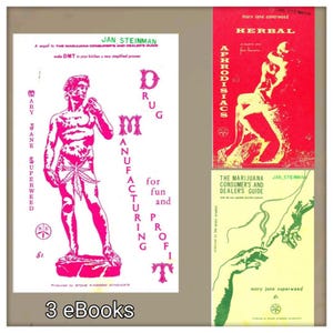 Può includere: Tre eBook vintage con testo e grafica in grassetto. I titoli includono "Drug Manufacturing for Fun and Profit", "Herbal Aphrodisiacs" e "The Marijuana Consumer's and Dealer's Guide". Le copertine presentano illustrazioni e testo in rosa, rosso e verde.