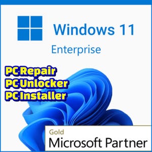 Puede incluir: Un fondo blanco con el logotipo de Windows 11 y texto. El texto dice "Windows 11 Enterprise". Debajo, se muestra el texto "PC Repair, PC Unlocker, PC Installer". Un diseño de remolino azul en la parte inferior, con el texto "Gold Microsoft Partner".