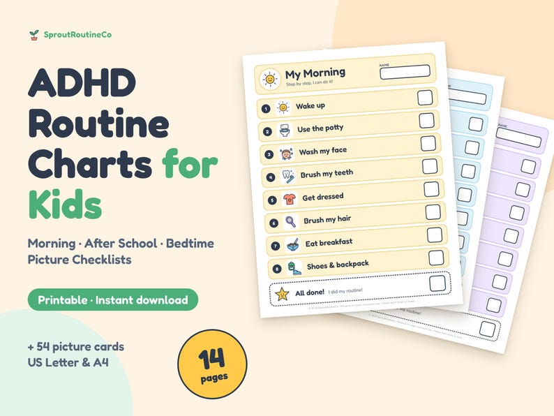 ADHD Routine Chart for Kids, Morning After School Bedtime Picture ...