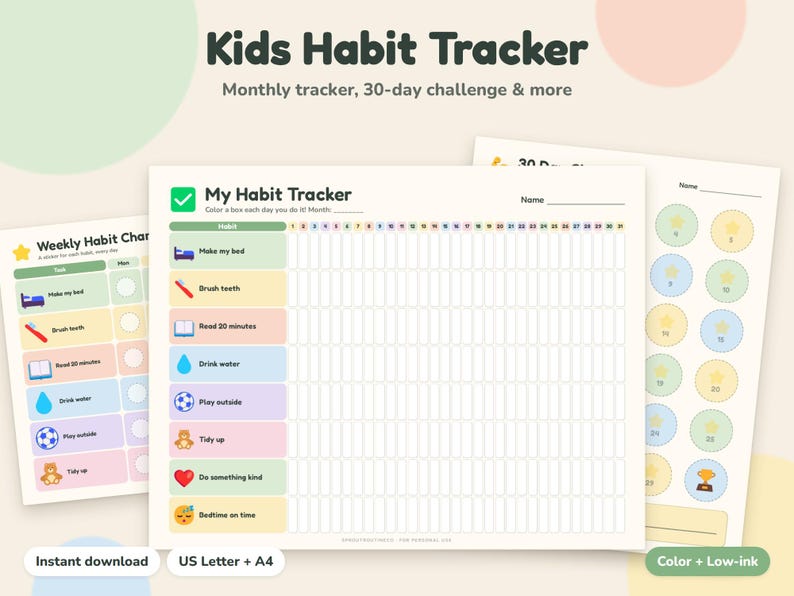 Kids Habit Tracker Printable, Monthly Challenge Chart, Daily Routine ...