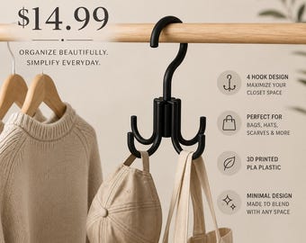 4-Hook 3D Printed PLA Closet Organizer Hanger (2) | Bag, Hat, Scarf Storage Accessory Holder