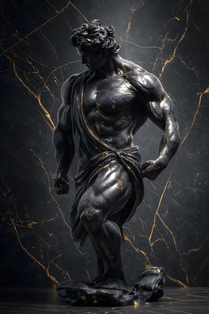 Greek God Statue Wall Art – Black Gold Marble Bodybuilder Sculpture ...