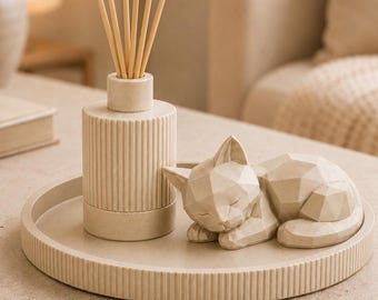 Gift Set Home Decor | Round Decorative Tray, Reed Diffuser & Sleeping Cat Statue | Coffee Table and Gifts