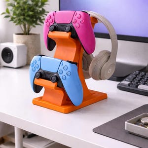 Dual Controller and Headset Stand | PS5 Xbox Controllers Holder | Desk Gaming Organizer and Gift Orange