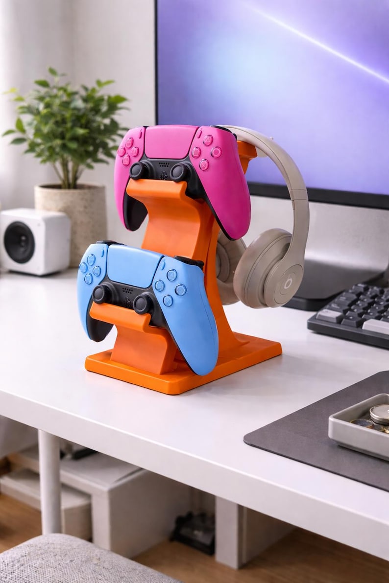 Dual Controller and Headset Stand | PS5 Xbox Controllers Holder | Desk Gaming Organizer and Gift Orange