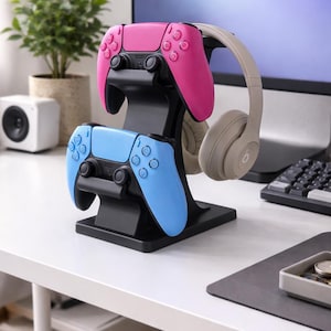 Dual Controller and Headset Stand | PS5 Xbox Controllers Holder | Desk Gaming Organizer and Gift Black