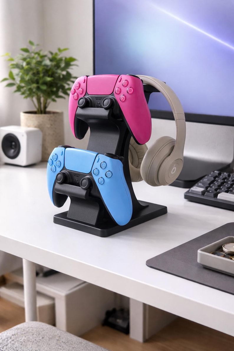 Dual Controller and Headset Stand | PS5 Xbox Controllers Holder | Desk Gaming Organizer and Gift Black