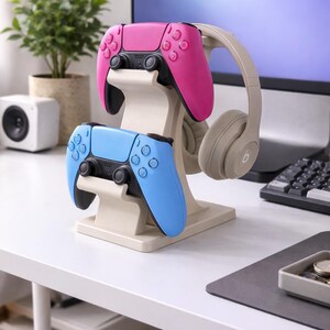 Dual Controller and Headset Stand | PS5 Xbox Controllers Holder | Desk Gaming Organizer and Gift Beige