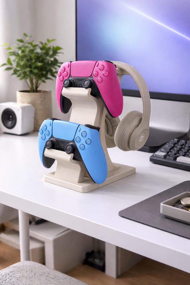 Dual Controller and Headset Stand | PS5 Xbox Controllers Holder | Desk Gaming Organizer and Gift Beige