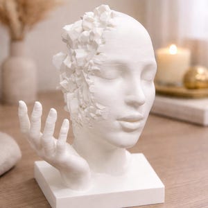 May include: A white sculpture of a human face with closed eyes and an outstretched hand. The right side of the face is partially fragmented, revealing a crystalline texture. The sculpture is mounted on a square base.