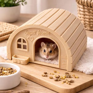 Puede incluir: Una casa para hámster beige con el texto "Super Home" y una pequeña ventana. Un hámster está dentro de la casa, que se encuentra sobre una superficie de madera. Un pequeño cuenco de comida y palitos de madera están cerca.