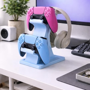Dual Controller and Headset Stand | PS5 Xbox Controllers Holder | Desk Gaming Organizer and Gift Blue