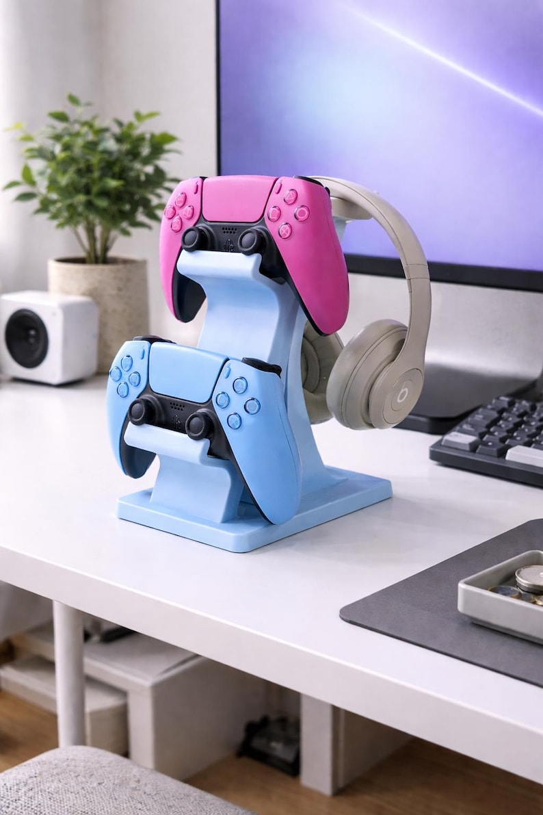 Dual Controller and Headset Stand | PS5 Xbox Controllers Holder | Desk Gaming Organizer and Gift Blue