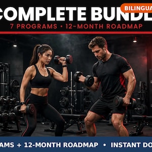 Complete Fitness Program Bundle | 7 Workout Plans + Tracker PDFs, 12 Month Training Roadmap, Bilingual EN ES, Gym & Home