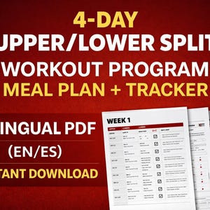 4 Day Upper Lower Split Workout Program PDF | Strength & Fat Loss Gym Routine for Beginners | Meal Plan + Tracker | Bilingual EN/ES Instant