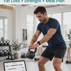 Puede incluir: Un documento digital de plan de entrenamiento de 4 días con el texto 4-DAY WORKOUT PLAN, Fat Loss + Strength + Meal Plan, y una tableta que muestra una lista del día 1 con ejercicios de kettlebell, sentadillas, flexiones y planchas.