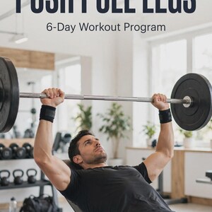Puede incluir: Una guía de entrenamiento digital titulada PUSH PULL LEGS 6-Day Workout Program con texto que indica que es un recurso bilingüe en inglés y español. El documento incluye un programa de 6 días y un rastreador, disponible para descarga.