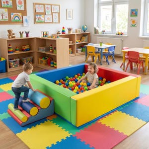 Könnte beinhalten: Ein farbenfroher Kinderspielbereich mit einem rechteckigen Bällebad, gefüllt mit bunten Bällen. Ein Kind befindet sich im Becken, ein anderes klettert auf einer Schaumstoff-Treppenstruktur. Der Boden ist mit ineinandergreifenden Schaumstoffmatten bedeckt.