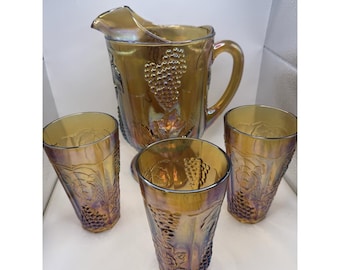 Vintage Indian Irrdentist Harvest Grape Marigold Pitcher/3 Glasses