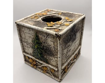 Rustic Woodland Bear Tissue Box Cover Cabin Decor Birch Bark Style w/ Leaves