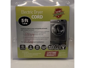 Factory Authorized 3 Prong, 5 foot, 3 wire, 30 AMP Universal Electric Dryer Cord