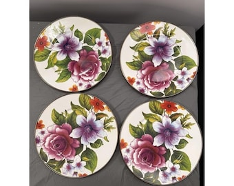 Juego de 4 platos de mercado Mackenzie Childs con diseño de flores blancas para ensalada y postre, 8 unidades esmaltadas