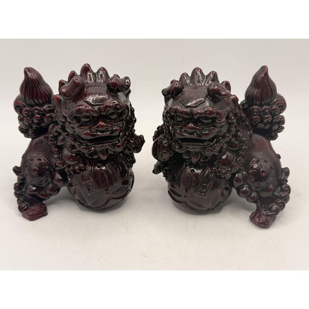 Chinese Foo Dog Guardian Lion Shishi Red Figurine Asian Statuette Pair ...