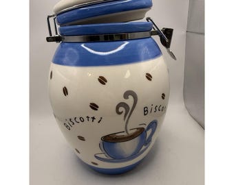 Tarro de cerámica Inspirado para galletas/biscot, color azul y blanco, con tapa abatible, forma de taza de café.