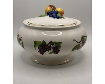 Vtg 1980s Lidded Serving Bowl Fruit Pattern Gold Trim 8" Ceramic Teleflora