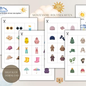 Könnte beinhalten: Ein Satz Montessori-Routinekarten mit Aquarellillustrationen von Kleidung und Wetterelementen. Die Karten zeigen Bilder von Sonnenbrillen, Hüten, Mänteln, Stiefeln und Wettersymbolen. Der Text "DIGITALER DOWNLOAD" ist sichtbar.