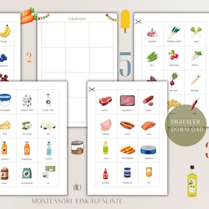 Può includere: Illustrazioni ad acquerello di alimenti, tra cui frutta, verdura, latticini e carni, disposte su schede bianche. Le schede sono etichettate in tedesco e progettate per una Einkaufsliste Montessori, o lista della spesa.