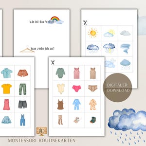 Peut inclure: Ensemble de cartes éducatives à l'aquarelle pour enfants. Les cartes présentent des illustrations météorologiques, des options de vêtements et les phrases "Wetter" et "Was ziehe ich an?" en allemand. Cartes Montessori.
