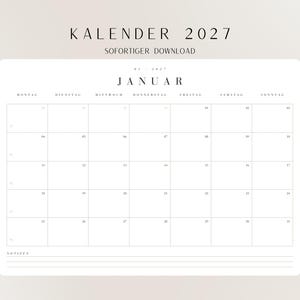 Może przedstawiać: Minimalistyczny biały kalendarz na styczeń 2027 roku, z napisem "KALENDER" u góry. Dni tygodnia wymienione są u góry, ze słowem "JANUAR" pośrodku. Siatka kalendarza jest pusta.