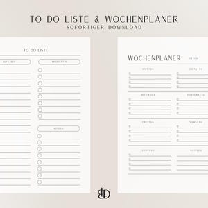 Puede incluir: Dos páginas de planificador imprimibles con el texto "TO DO LISTE & WOCHENPLANER" y "SOFORTIGER DOWNLOAD". La página izquierda es una lista de tareas con secciones para tareas, prioridades y notas. La página derecha es un planificador semanal.