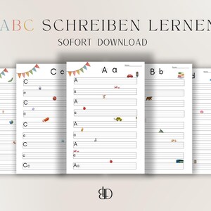 Puede incluir: Hojas de trabajo imprimibles educativas para aprender el alfabeto. Las hojas de trabajo presentan páginas con líneas para practicar la escritura, con ilustraciones coloridas y el texto "ABC SCHREIBEN LERNEN SOFORT DOWNLOAD". Cada página tiene una letra.