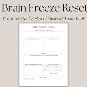 Puede incluir: Un planificador imprimible blanco titulado "Brain Freeze Reset" con secciones rellenables para tareas urgentes, plazos y acciones. El texto "Minimalista | 3 Tamaños | Descarga instantánea" está encima.