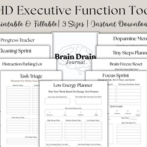 Może przedstawiać: Zestaw drukowanych stron zestawu narzędzi ADHD Executive Function. Strony obejmują narzędzie do śledzenia postępów, sprint sprzątania, parking rozpraszający, triaż zadań, planista niskiej energii, menu dopaminy, mały planista kroków, reset zamrażania mózgu i sprint skupienia.