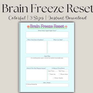 Kolorowy arkusz resetowania dysfunkcji wykonawczych ADHD – planer do druku Brain Freeze (do pobrania w wersji cyfrowej)