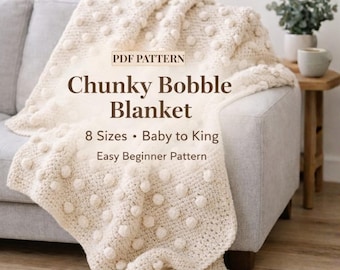 Mönster för virkad filt i PDF-format, Chunky bobble-filt, nybörjarvänlig, 8 storlekar