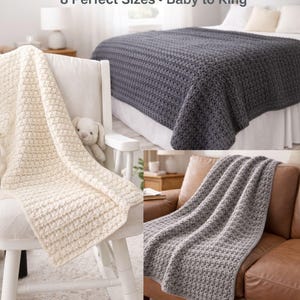 Cream colored crochet throw blanket with mountain texture draped over white chair in cozy nursery setting