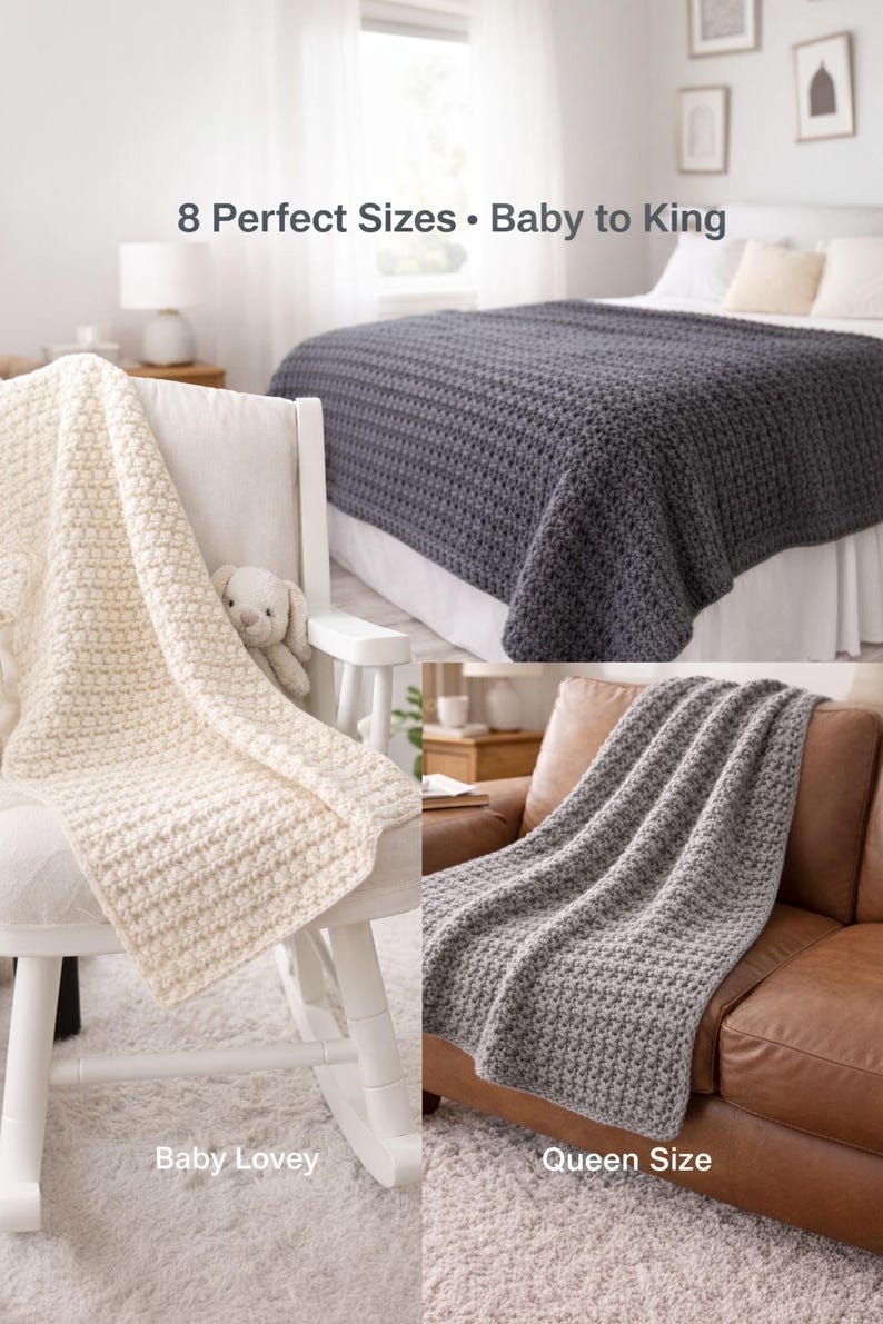 Cream colored crochet throw blanket with mountain texture draped over white chair in cozy nursery setting