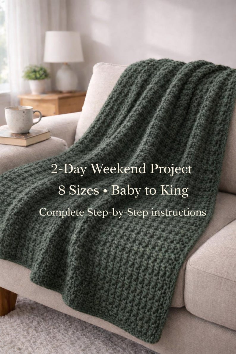 Sage green crochet throw blanket with mountain texture on chair, 2-day weekend project pattern in 8 sizes from baby to king