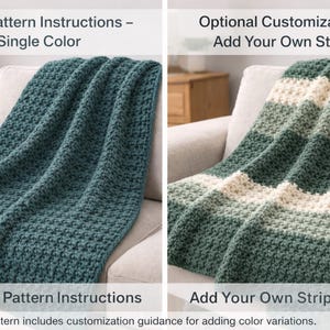 Two Alpine Weekend Throw variations showing solid sage green and striped green cream pattern options for customization