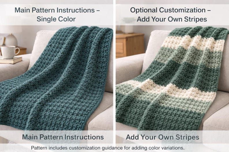 Two Alpine Weekend Throw variations showing solid sage green and striped green cream pattern options for customization