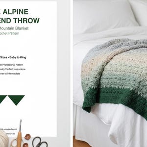 May include: A crocheted blanket in shades of green, gray, and cream, draped over a bed. The blanket has a textured pattern and a dark green border. The image also shows a pattern for "The Alpine Weekend Throw" blanket.